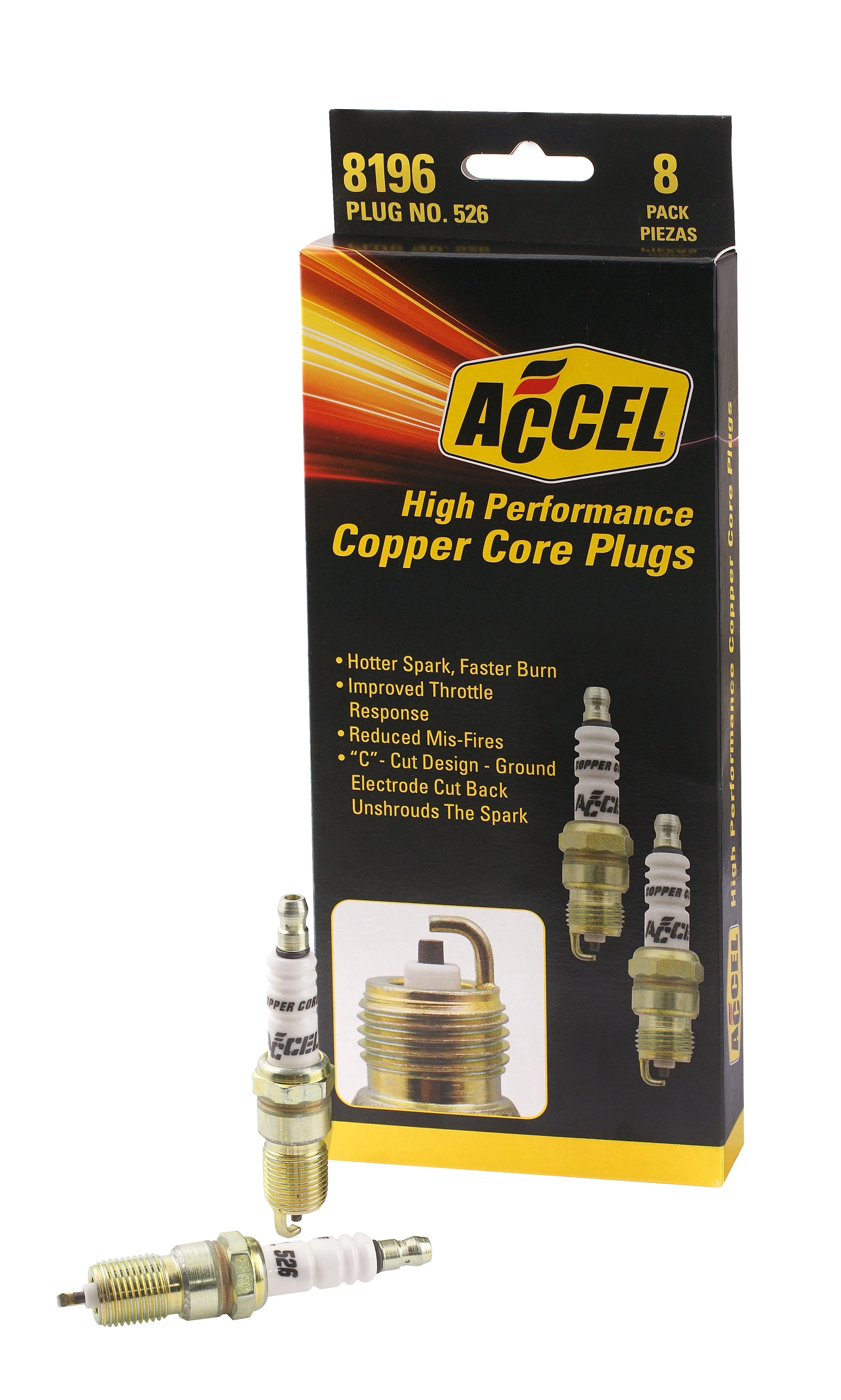 ACCEL 8196 U-Groove Resistor Spark Plug; 14mm Thread; .708 in. Reach; Heat Range 6; 8 Pack;