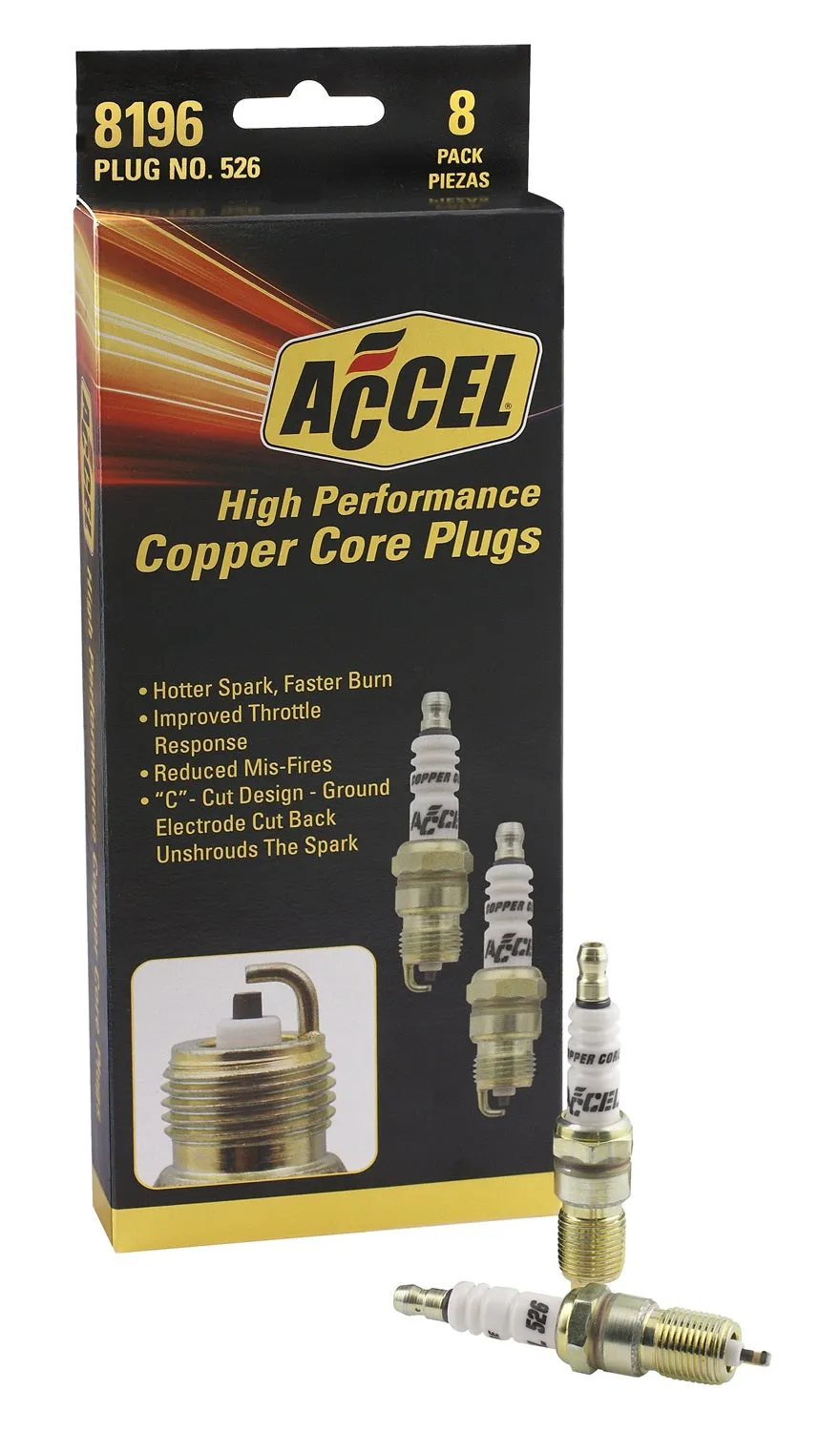 ACCEL 8196 U-Groove Resistor Spark Plug; 14mm Thread; .708 in. Reach; Heat Range 6; 8 Pack;
