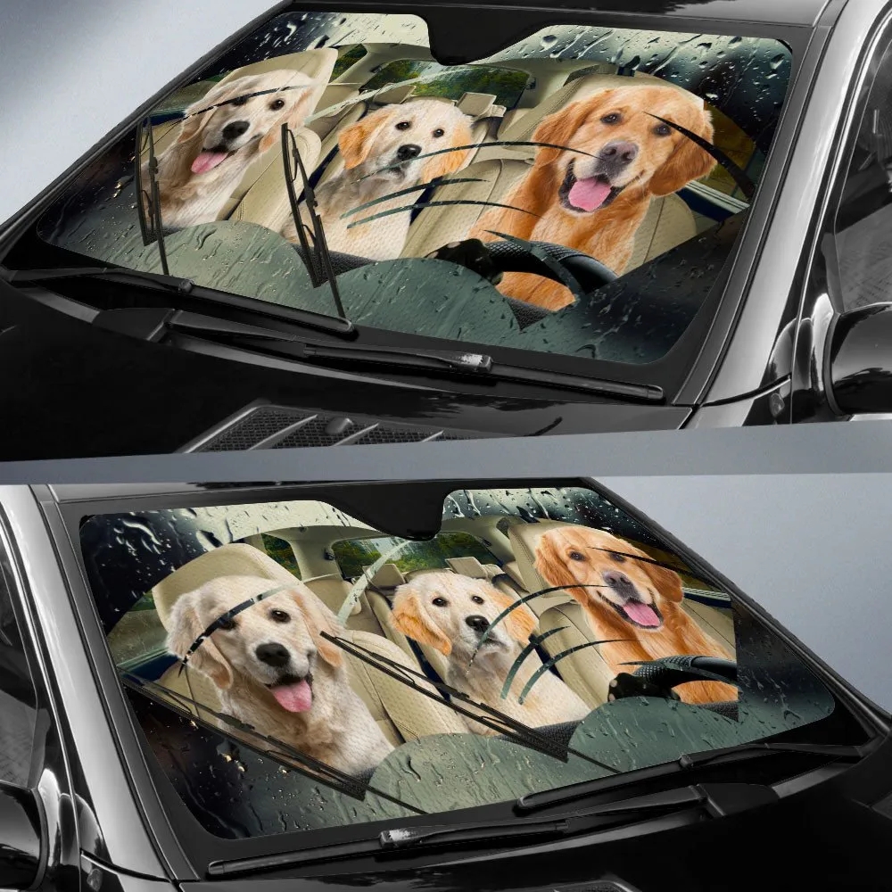 Golden Retriever Rainy Driving Car Sun Shade Cover Auto Windshield Coolspod