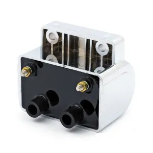 'Late' OEM style ignition coil. 12V, 5 ohm. Chrome - 65-99 B.T.; 65-03 XL. For points ignition (excl. Twin Cam & other single fire models) in custom applications. (Dual fire, carbureted models)