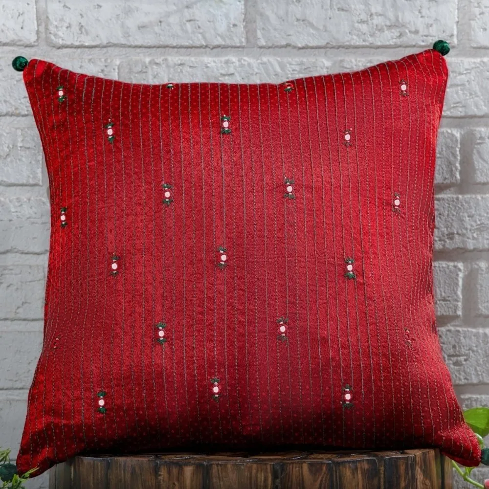 Red Silk Cushion Cover With Hand Embroidery And Mirror Work | 18" x 18"| Handmade In India
