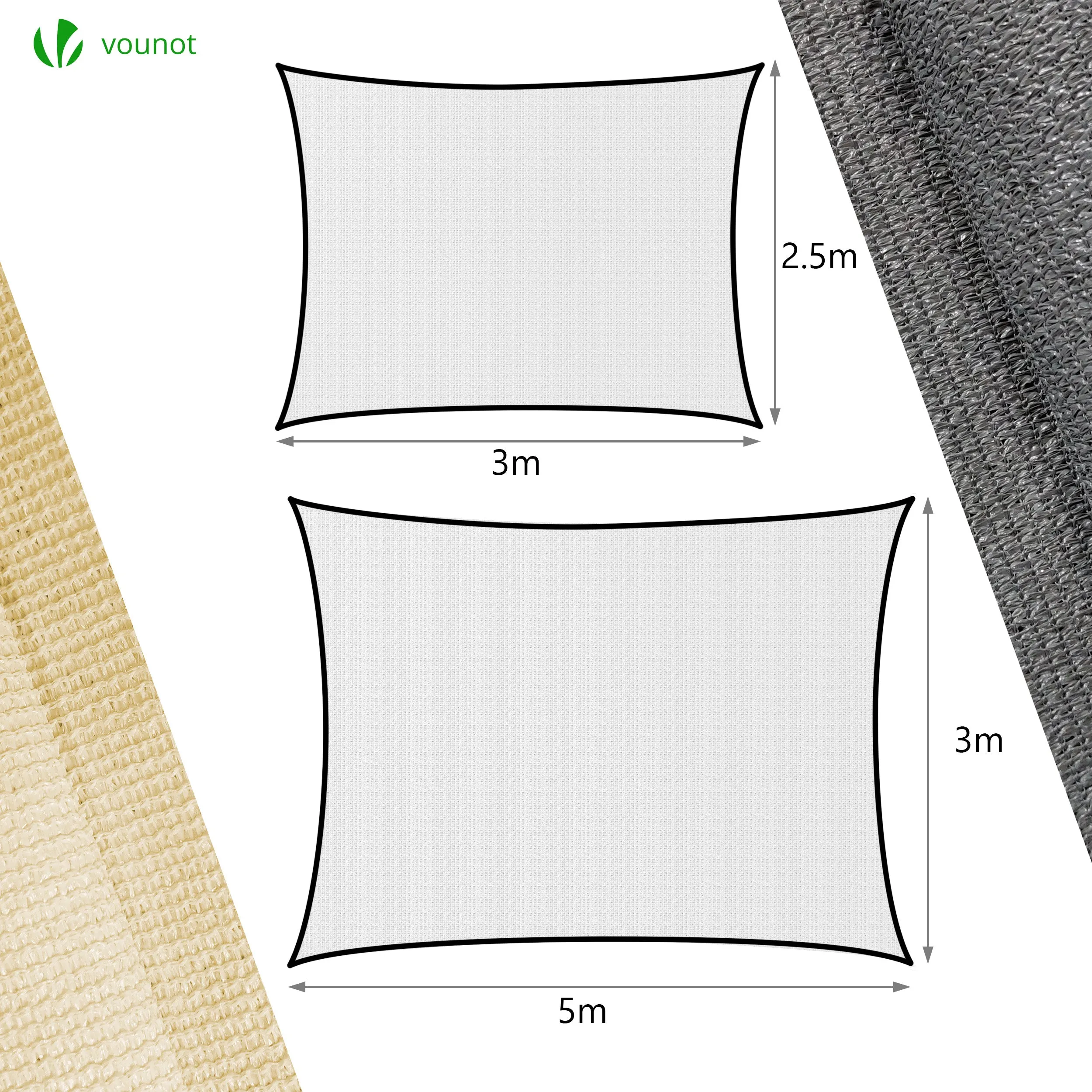 VOUNOT HDPE Sun Shade Sail Rectangle with Fixing Kits, 3x2.5m, Ivory
