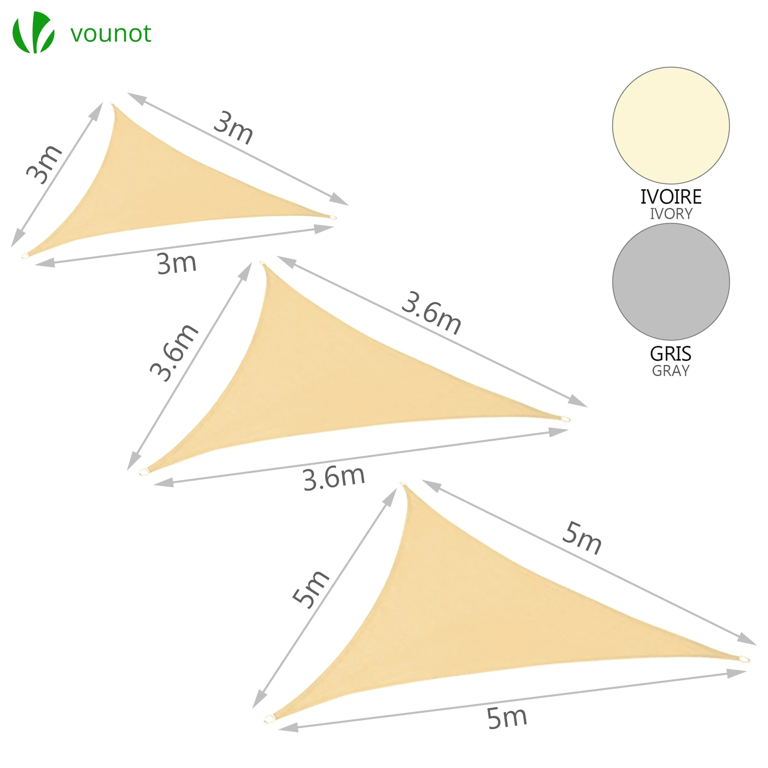 VOUNOT HDPE Sun Shade Sail Triangle with Fixing Kits, 3.6x3.6x3.6M, Ivory