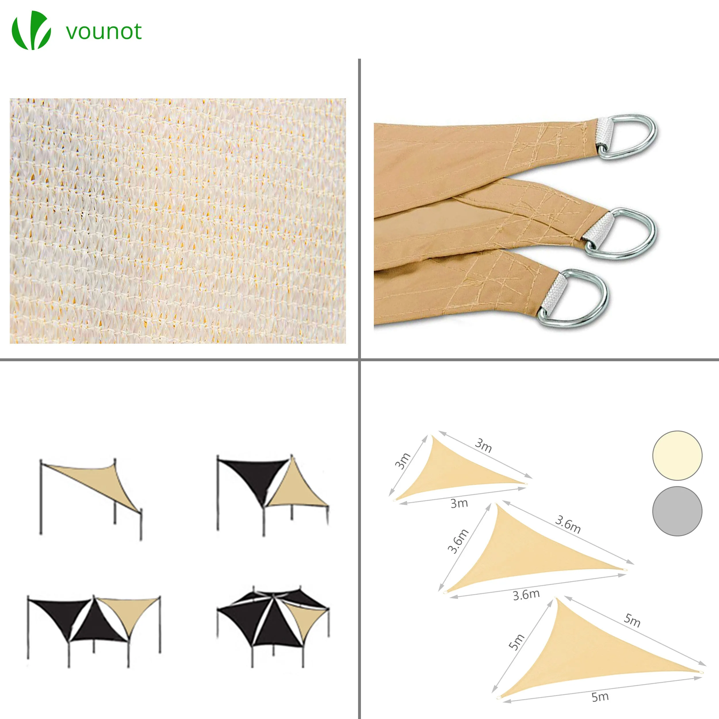 VOUNOT HDPE Sun Shade Sail Triangle with Fixing Kits, 3.6x3.6x3.6M, Ivory