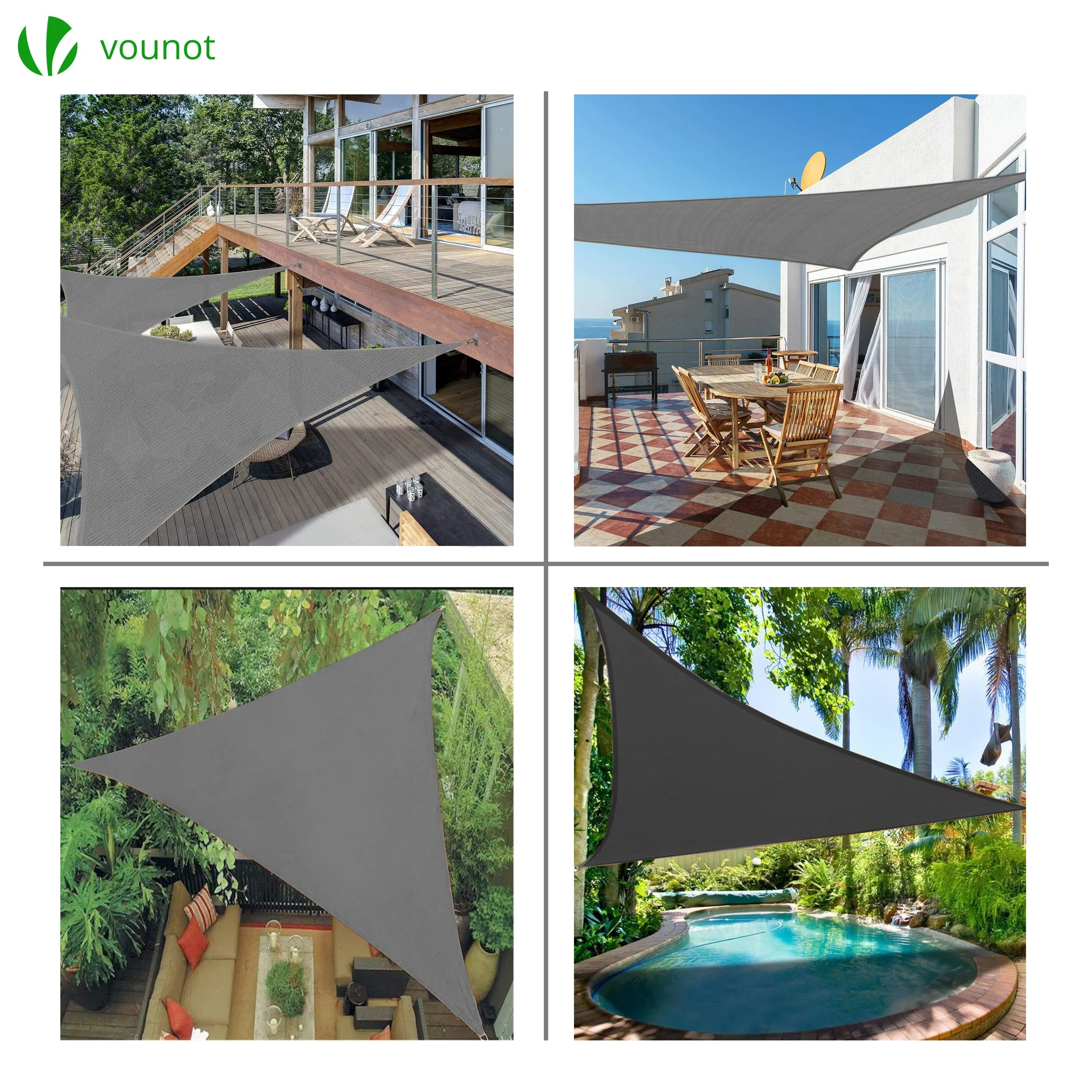 VOUNOT HDPE Sun Shade Sail Triangle with Fixing Kits, 3x3x3M, Grey