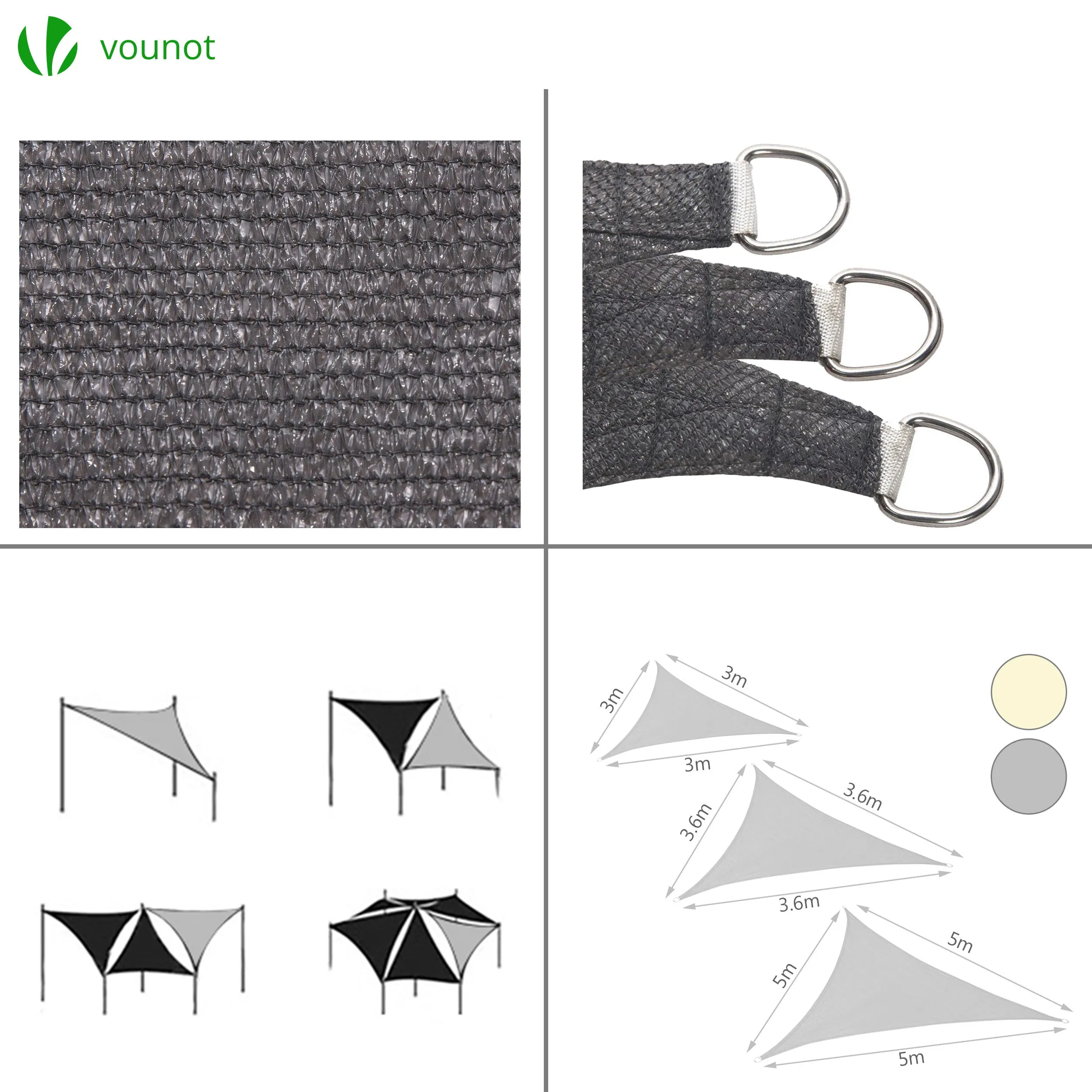 VOUNOT HDPE Sun Shade Sail Triangle with Fixing Kits, 3x3x3M, Grey