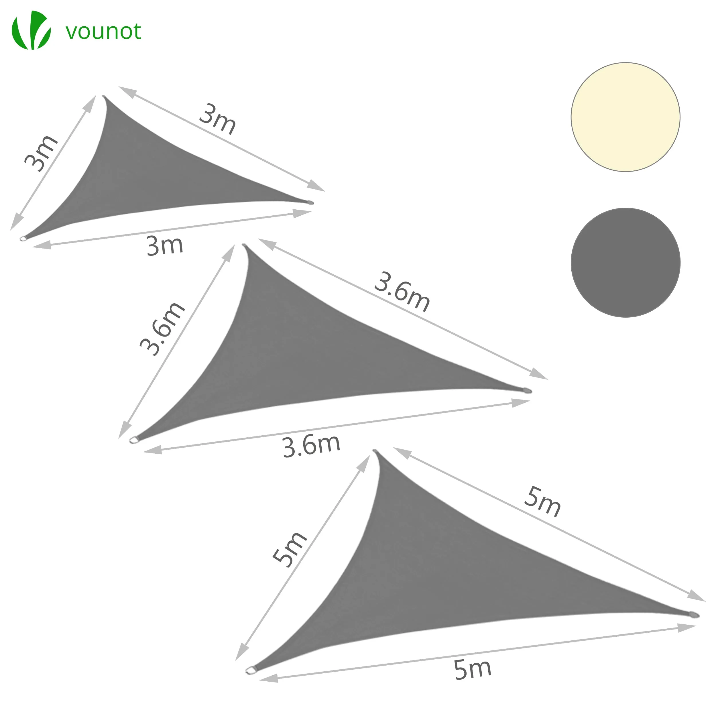 VOUNOT HDPE Sun Shade Sail Triangle with Fixing Kits, 3x3x3M, Grey
