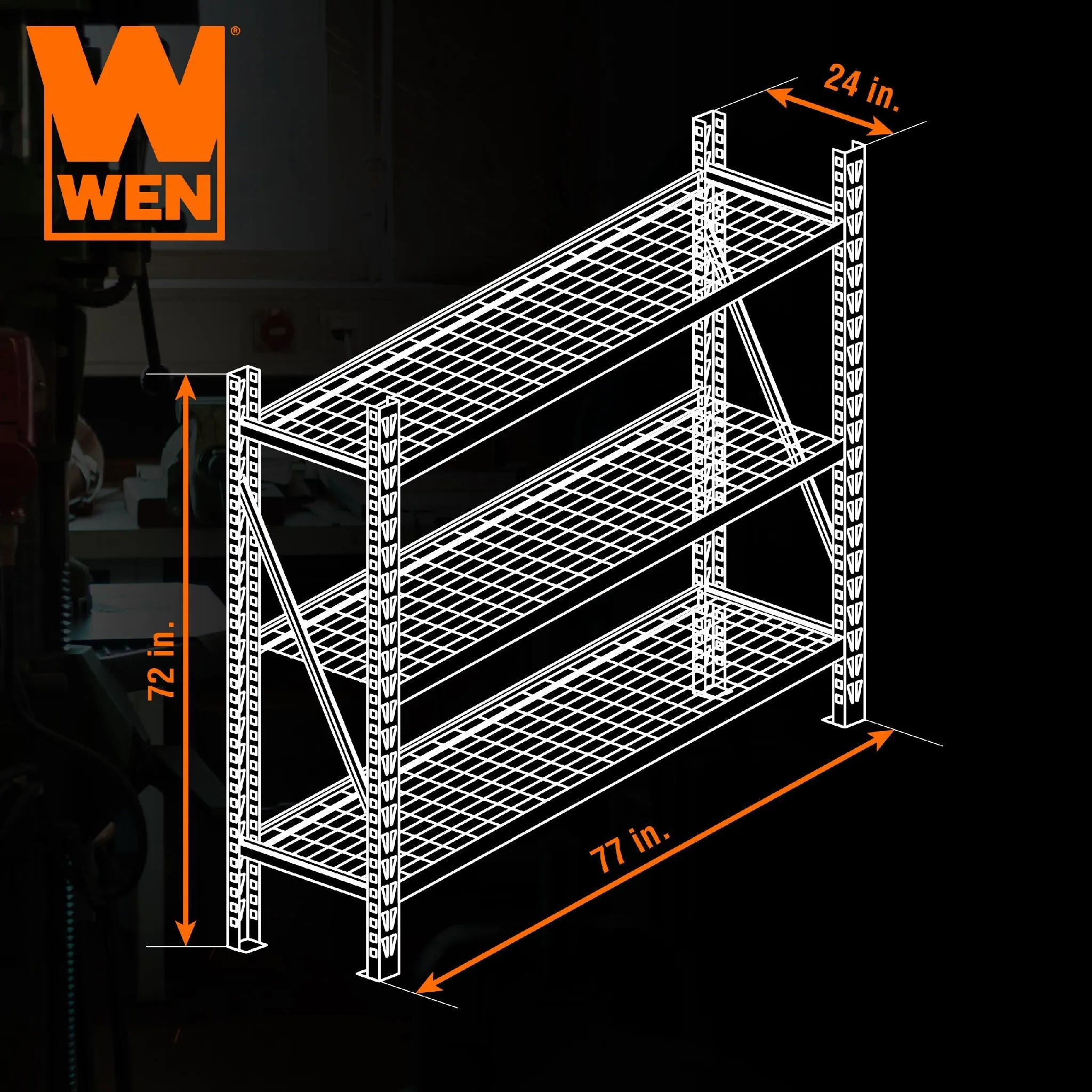 WEN RK7724-3 Three-Tier Industrial Steel Storage Rack with Adjustable Shelving and 6000-Pound Capacity